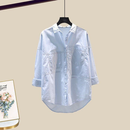 Autumn with a set of 2024 new plus size wear fake two-piece shirt top women's skirt two-piece set