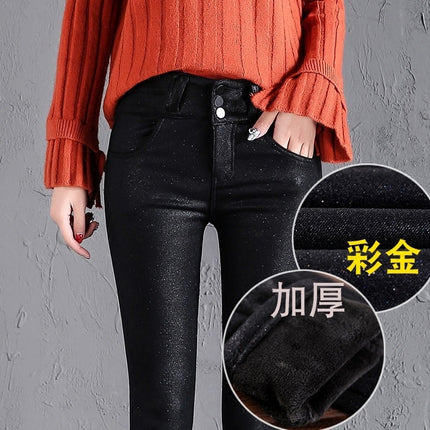 Autumn and Winter New 2025 Popular Women's High-Waisted Matte Gold Leather Leggings with Fleece Lining and Thickened for Outerwear
