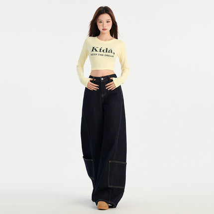 American Denim Blue Jeans for Women, Autumn New Style, Pocket Design, Large Straight Loose Lazy Floor-Length Wide-Leg Pants