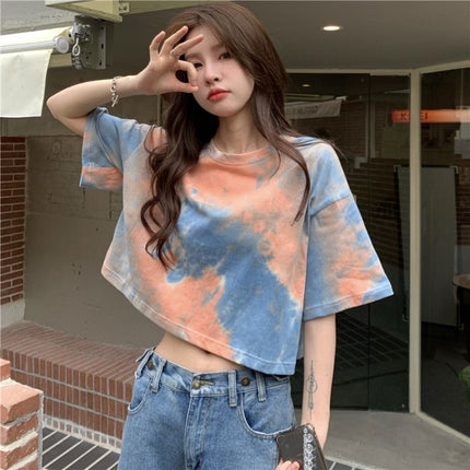 Summer Design-Inspired Outfit: Tie-Dye Gradient Starry Sky Dopamine Short Crop Top Women's Short-Sleeve T-Shirt, Direct from Manufacturer
