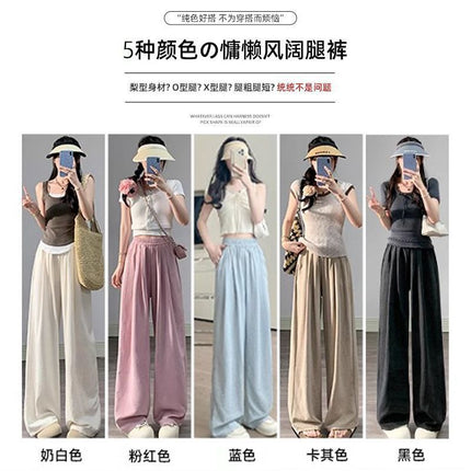 Plus-Size Textured Wide-Leg Pants for Women, Summer High-Waisted Drapey Loose Casual Straight-Leg Pants
