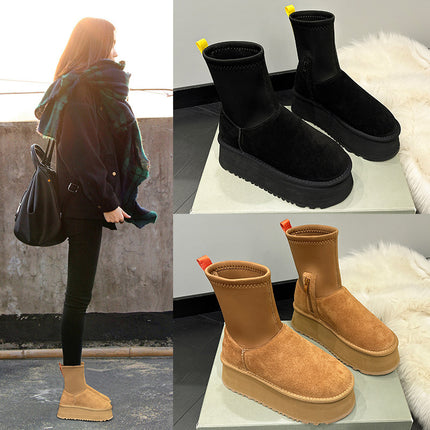 Platform thick bottom leather snowshoes women's 2024 new winter five-layer foam thick bottom increased warm elastic pencil boots