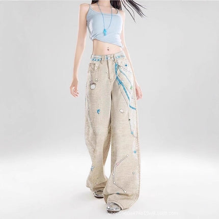 American Retro 3D Chain Print Women's Jeans Summer New Loose Slimming Wide-Leg Floor-Length Pants