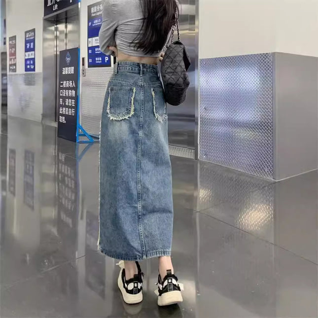 Autumn Korean High-waisted Denim Skirt for Women 2024 New Pear-shaped Figure Mid-length Cover-up A-line Skirt