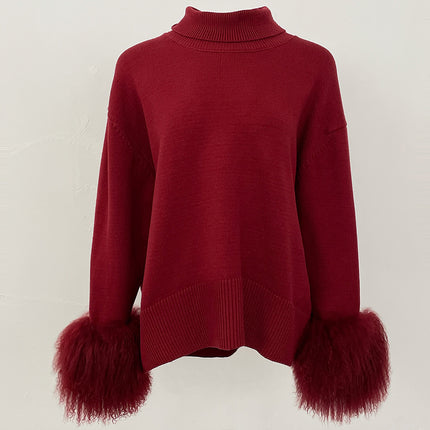 Women's Sweater Amazon Aliexpress Hot-Selling Autumn and Winter New Style Real Fox Fur Cuffs Loose High-Neck Knit Sweater for Women