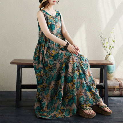 Simple Artistic Pastoral Style 2024 Summer New Loose Slimming Bohemian Foreign Trade Short-sleeved dress Women