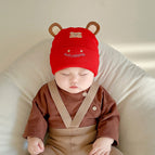 Round ears knitted red single cap / 1-12 months 38-46cm