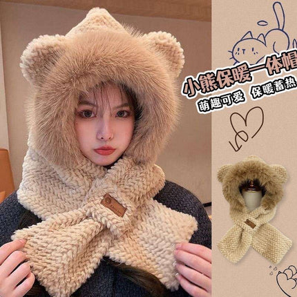 Autumn and Winter Hats for Women, Cute Plush Scarf, Thickened Integrated Neck Warmer, Plush Hat for Cycling, Warm Ear Protection Hat