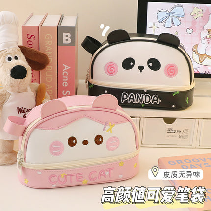 New Large Capacity Blush Panda Pu Pencil Case High-Looking Cute Cartoon Student Neutral Stationery Storage Box Wholesale