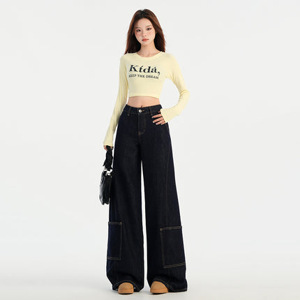 American Denim Blue Jeans for Women, Autumn New Style, Pocket Design, Large Straight Loose Lazy Floor-Length Wide-Leg Pants