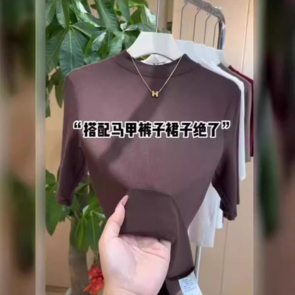 Half Turtleneck Mid-Sleeve T-Shirt for Women Spring & Fall New Suit with Bottoming Shirt Slimming Look Elastic Versatile Three-Quarter Sleeve Top