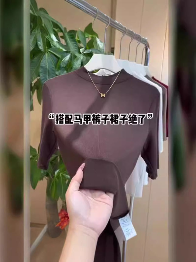 Half Turtleneck Mid-Sleeve T-Shirt for Women Spring & Fall New Suit with Bottoming Shirt Slimming Look Elastic Versatile Three-Quarter Sleeve Top