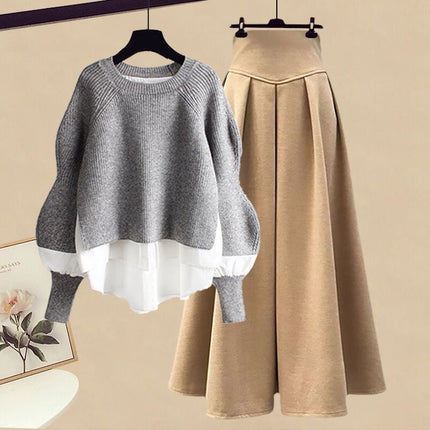 Autumn with a set of 2024 new plus size wear fake two-piece shirt top women's skirt two-piece set