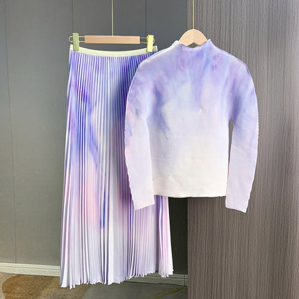 Gradient Print Stylish Age-Reducing Long-Sleeve Top Two-Piece Set European and American Export Pleated Slim-Fit Slimming Pleated Skirt