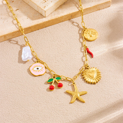Korean Style Fashionable Sweet Fresh Cute Eyes Pink Oil Dripping Cherry Gold-Plated Heart Round Starfish Clavicle Necklace