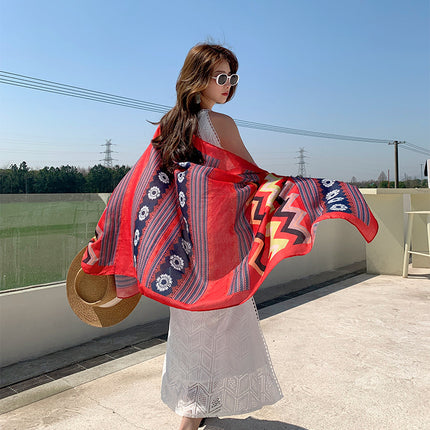 Retro Ethnic Style Travel Silk Scarf Summer Seaside Sunscreen Beach Towel Lightweight Cotton and Linen Handfeel Decorative Shawl Women