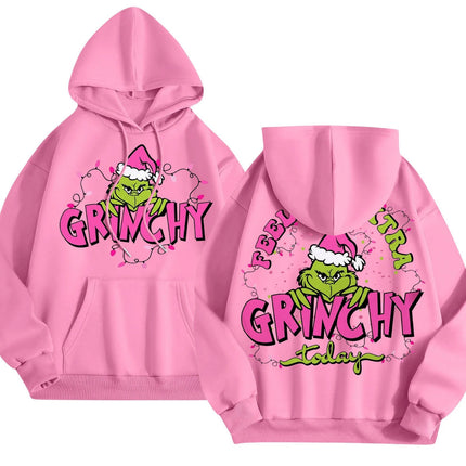 2024 Cross-border Autumn Simple pink Letter Font Printing Men's and Women's Hooded Christmas Green Hair Monster