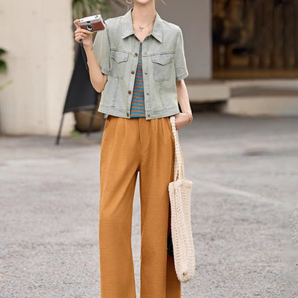 This Year's Popular Outfit Is a Complete Set of Fashionable Suits. 2025 Summer Fashionable Casual Denim Jacket Three-Piece Set
