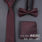 8cm elegant burgundy hand tie + bow tie + pocket scarf
