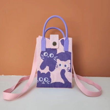 New Woven Simple Fashion Mobile Phone Bag Cute Cartoon Cat Knitted Bag Women's Small Square Bag Color Heart