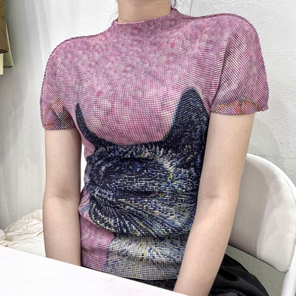 Issey Miyake Summer New Fashion Elegant Pleated Top Digital Printing Easy Care Versatile Pleated Mini Top