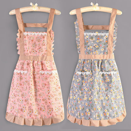 Factory Direct Sales New Kitchen Household Cooking Canvas Cotton Apron Lace Cute Hand-Wipeable Suspenders Pure Cotton for Women