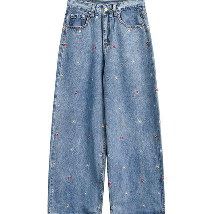 Youthful Campus Style Starry Sky Embroidered Urban Vibe Women's Loose Drape Slimming Straight-Leg Floor-Length Jeans
