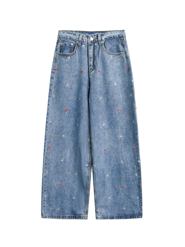 Youthful Campus Style Starry Sky Embroidered Urban Vibe Women's Loose Drape Slimming Straight-Leg Floor-Length Jeans