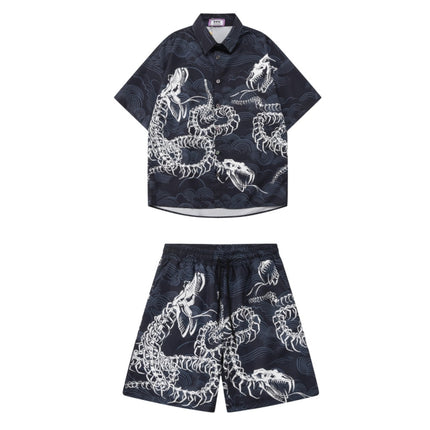 Cross-border Trade Trendy Brand Retro Xiangyun Loose Beach Shorts Printed Snake Bone Couple High Street Casual Pants Two-piece Set