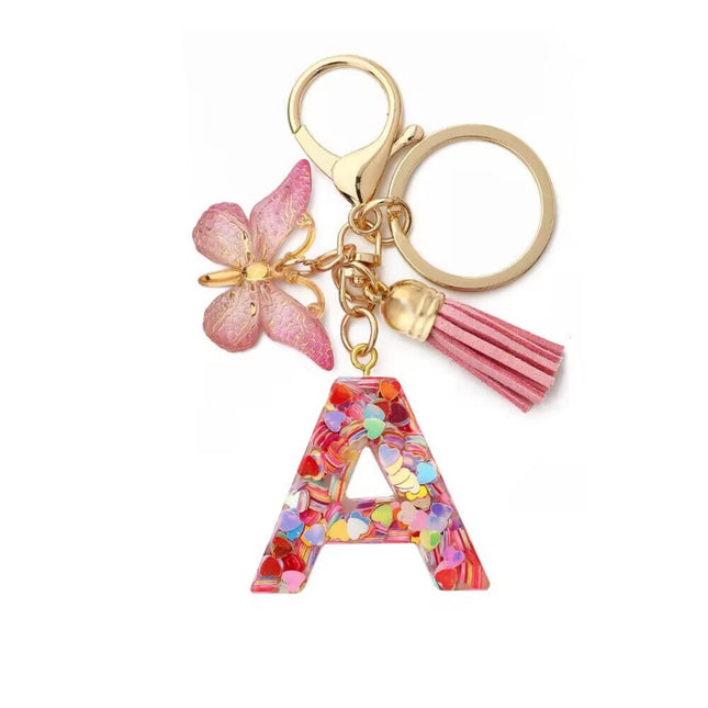 1 Px Pink Heart Sequins Resin English Letter Key Chain Pendant Butterfly Tassel Accessories Key Hanging