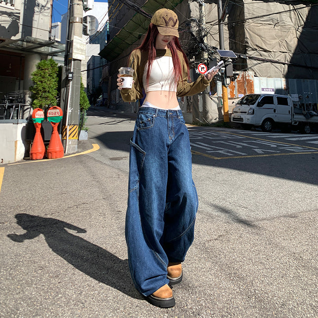 Vintage dark blue High Street Loose Fashion Machete Pants Women's Spring Design Sense Big Pocket Wide Leg Jeans Mop Pants