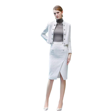 Autumn and winter fashion Chanel style tweed short coat women's skirt suit elegant socialite design white hip skirt