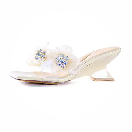 Rhinestone flower high-heeled sandals and slippers for external wear 2025 summer girl style matching skirt special-shaped heel slipper 3125-1