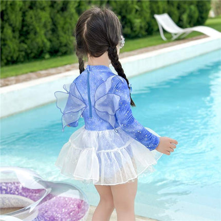 Next Kiss Fairy Gauze Skirt Kidsren's One-Piece Swimsuit 2025 New Summer Long-Sleeved Fashion Girls Swimsuit