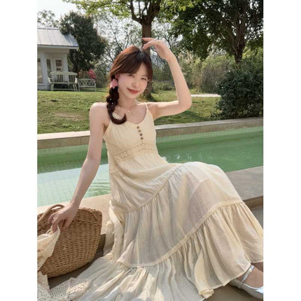 Plus Size French Gentle Style Off-White Suspender Skirt Feminine Goddess Style High Waist Lace Cardigan Suit Long Skirt