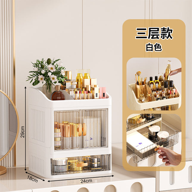 New Foldable Crown Desktop Cosmetic Storage Box Double Door Sundries Height Increase Multi-layer Cabinet High-grade