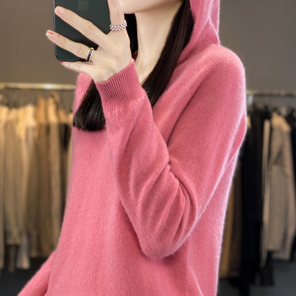 First-Line Garments 100 Pure Wool 2025 Spring New Women's V-Neck Hooded Sweater Pullover Short Needle Sweater