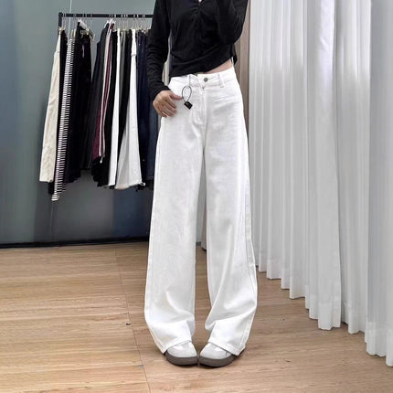 2025 White Wide-Leg Draped Floor-Length Jeans for Women, High-Waisted Slimming Straight Pants, Loose Autumn New Trend