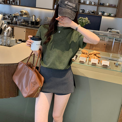 American Retro Forest Style New Round Neck Short-Sleeved T-Shirt Women's Spring Loose Military Green Versatile Simple Top