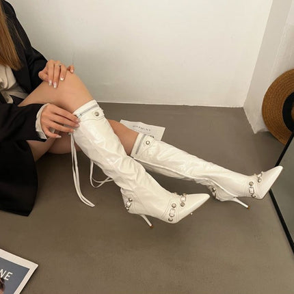 European and American New Pointed Thin Heel Metal Rivet Motorcycle Catwalk Women's Boots Belt Buckle Tassel plus size Knight Fashion Boots