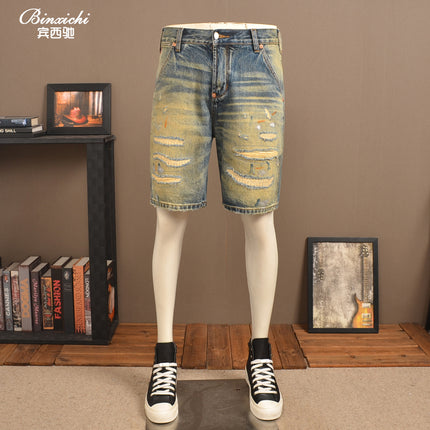 Summer Retro Ripped Denim Shorts Men's Trendy Brand Loose Straight Patch Heavy Washed 1 Casual Pants Men