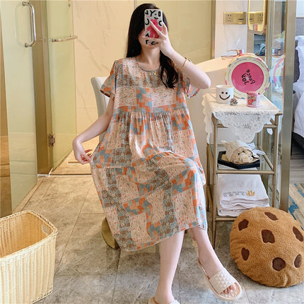 Cotton Silk Nightgown for Women, Summer Thin Short-Sleeved Printed Large Size Nightgown, Pregnant Women Can Wear It Outside, Cool Rayon Home Clothes