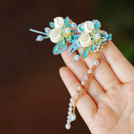 Antique Style Burned Blue Cloud Pearl Hairpin New Chinese Tassel Side Clip Advanced Sense Clip Hair Accessories Headwear Hair Clip