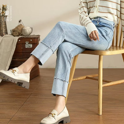 light blue High Waist Straight Tube Cigarette Jeans Women's 2025 Spring Rouge Small Slim Nine-point French Stick Pants