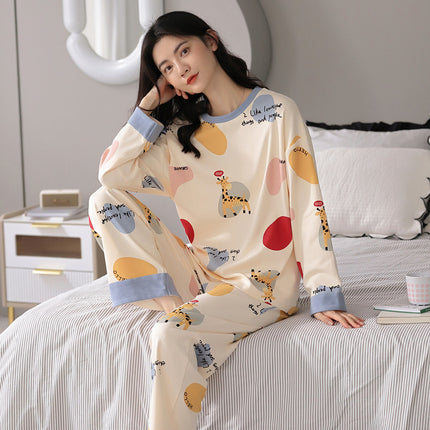 Spring and Autumn Imitation Cotton Pajamas Women's Long-sleeved suit Summer Round Neck Less Women's Home Clothes Cute Cartoon Outer Wear