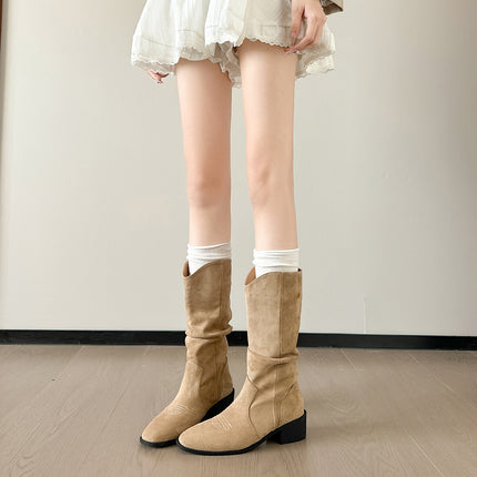 Petite Height-Increasing Slouch Boots for Women, Long Western Cowboy Boots, Ruched Mid-Calf Riding Boots, Chunky Heel Plus-Size Boots