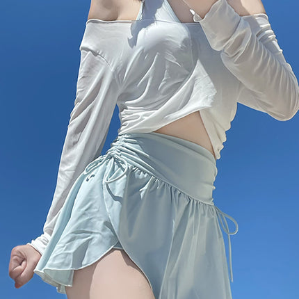 2025 New Swimwear Female Student Split Sports Long-sleeved Pure Desire Elegant Hollow High Waist Slim-fit Anti-light Blouse
