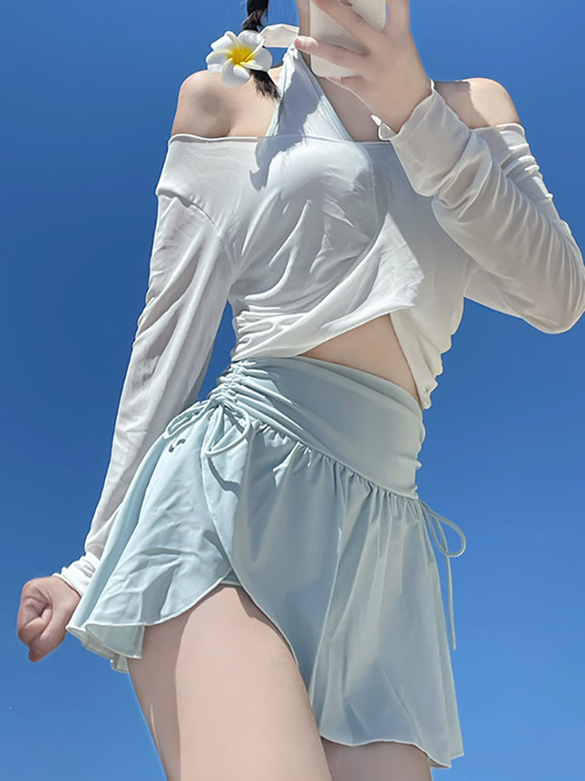 2025 New Swimwear Female Student Split Sports Long-sleeved Pure Desire Elegant Hollow High Waist Slim-fit Anti-light Blouse