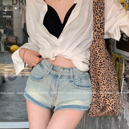 Hot Girl Denim Shorts Women's Summer American Retro Small High-Waisted Elastic Slim Slimming Look Hip Hot Pants Ins