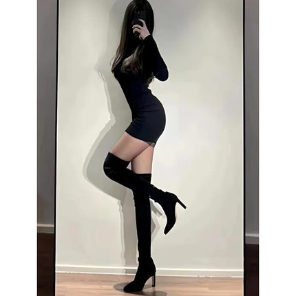 Foreign Trade Large Size Autumn and Winter Slim Black Over-The-Knee Boots for Women Elastic Slim Boots High Boots Long Pointed Toe High Heels